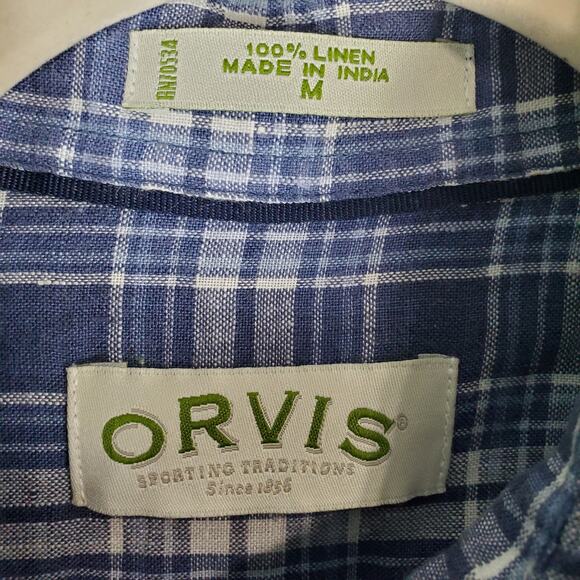 Orvis Men's Blue Plaid Button Up Linen Long Sleeve Shirt Size Medium - Picture 3 of 5